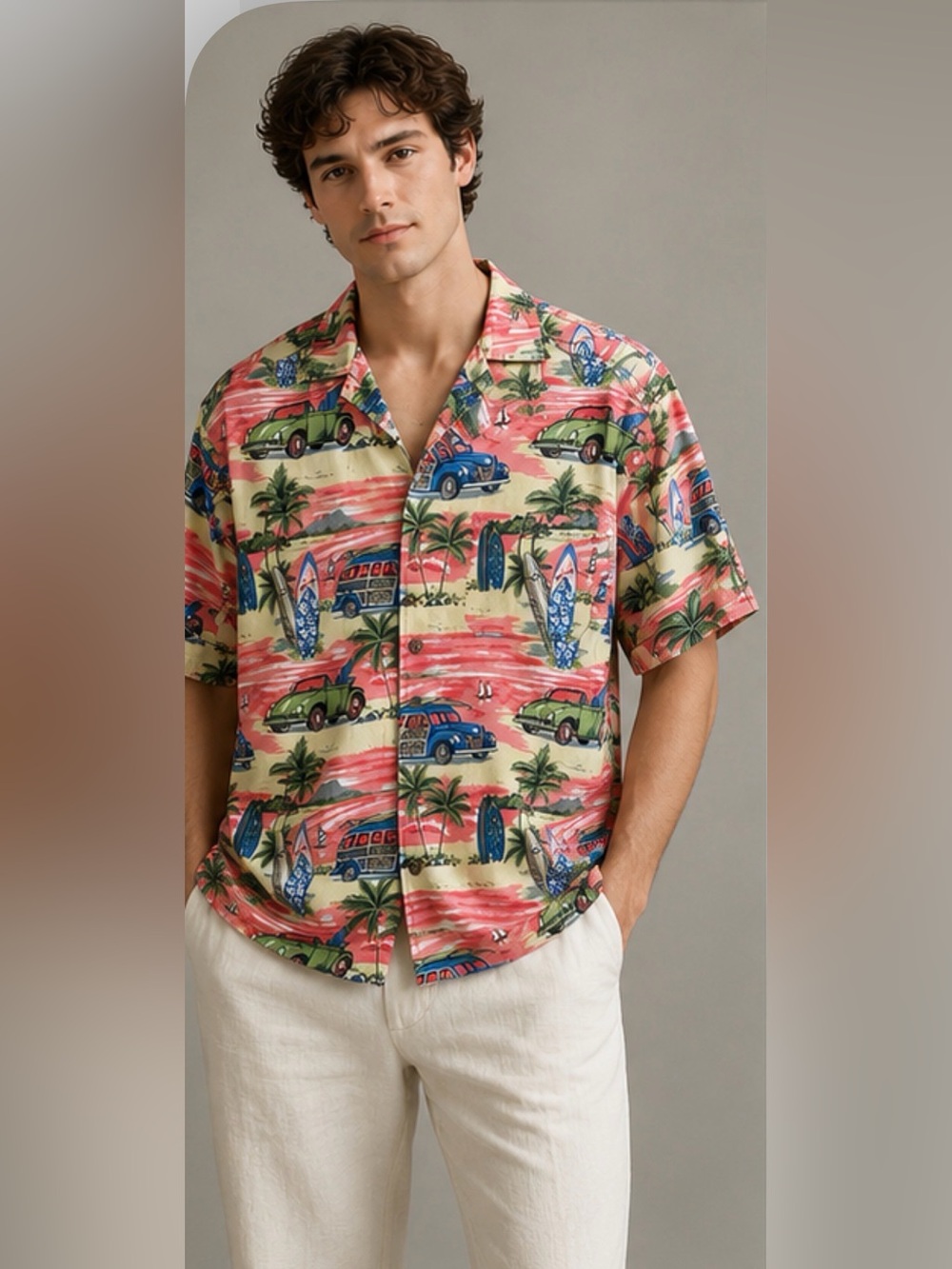 Vintage Reebesse Hawaiian Shirt USA Surf Cars Woody Palm Trees Men’s Large